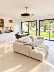 Bright living room open to the kitchen, with glass doors onto the garden – L’Annexe du Domaine de la Subérine