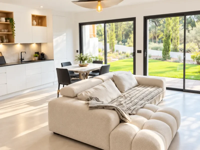 Bright living room open to the kitchen, with glass doors onto the garden – L’Annexe du Domaine de la Subérine