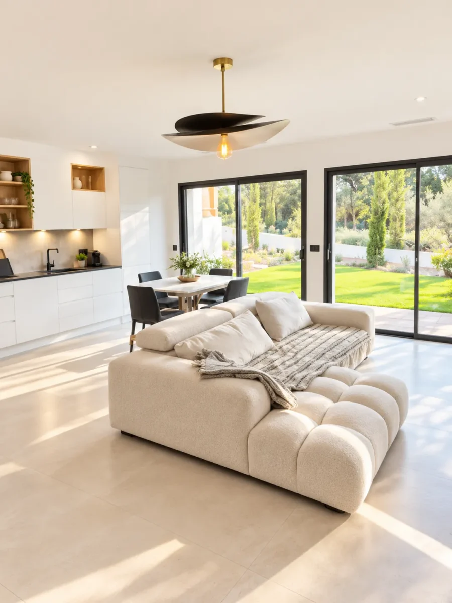 Bright living room open to the kitchen, with glass doors onto the garden – L’Annexe du Domaine de la Subérine