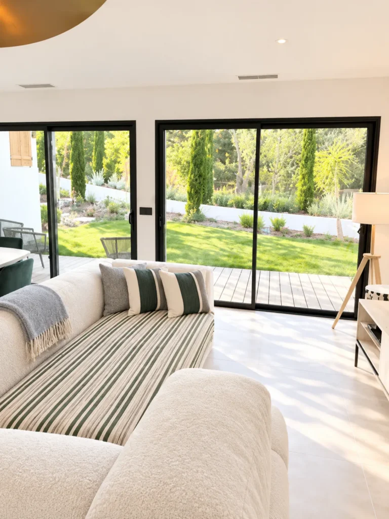 Living room with a large sofa facing the garden – L’Annexe du Domaine de la Subérine