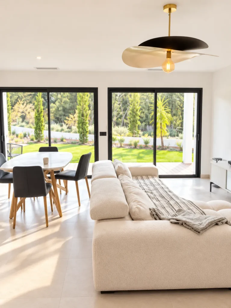 Living and dining area opening onto the garden through large glass doors – L’Annexe du Domaine de la Subérine