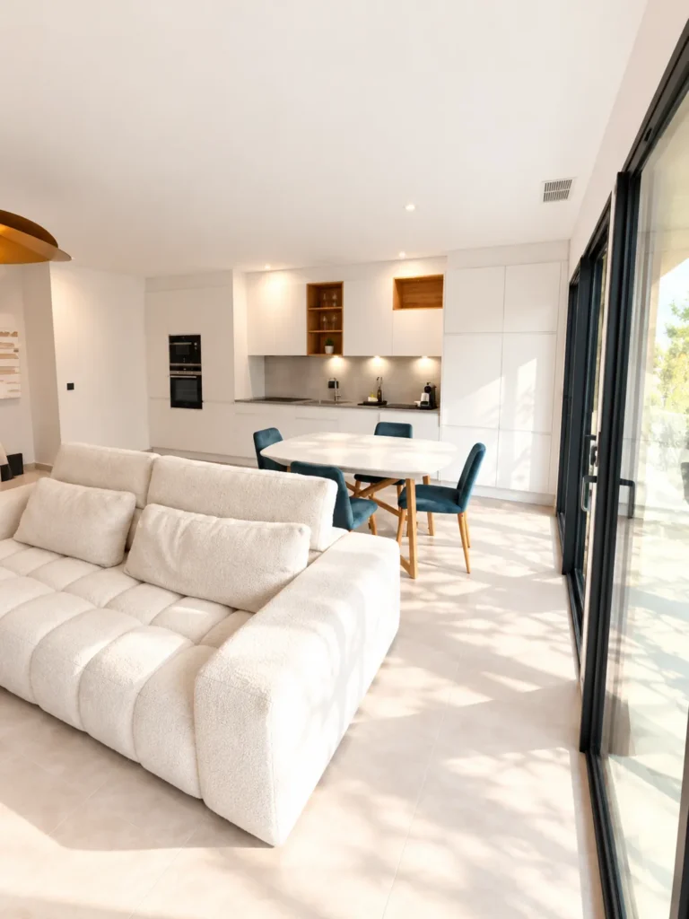 Living room and kitchen filled with natural light – L’Annexe du Domaine de la Subérine