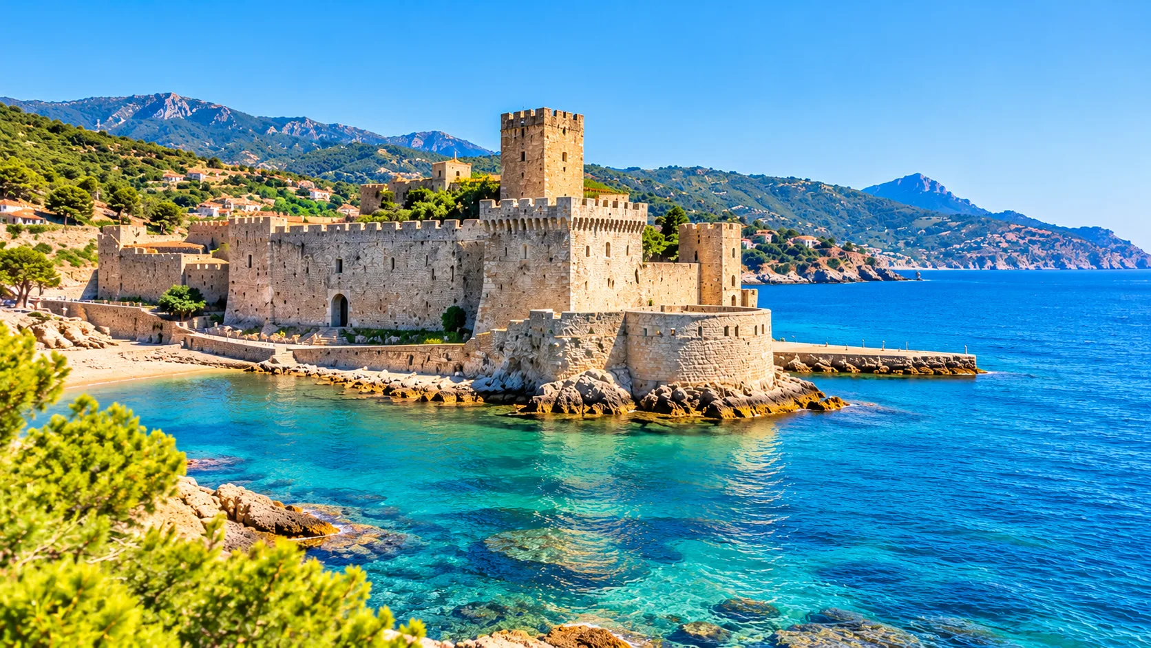 Forteresse au bord d’une crique méditerranéenne (visuel d’ambiance)