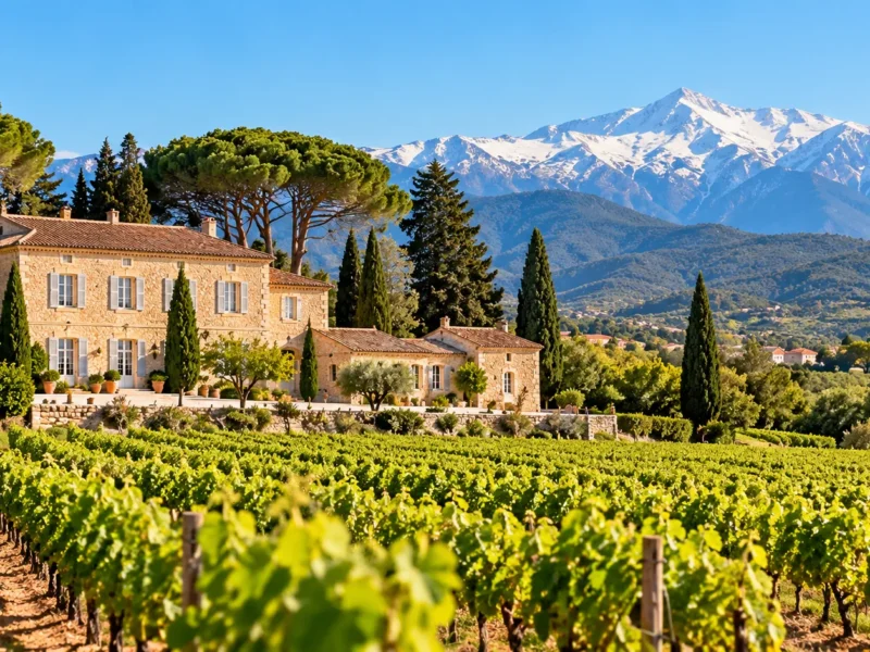 Le Château Montana, ses vignes et le Canigou enneigé (visuel d’ambiance)