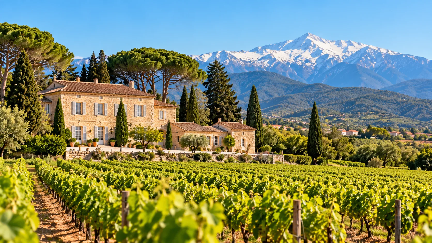 Château Montana, its vineyards and the snow-capped Canigou (mood illustration)
