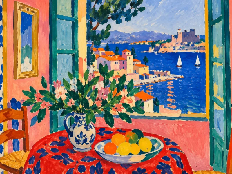 Intérieur méditerranéen peint dans le style de Matisse (visuel d’ambiance)