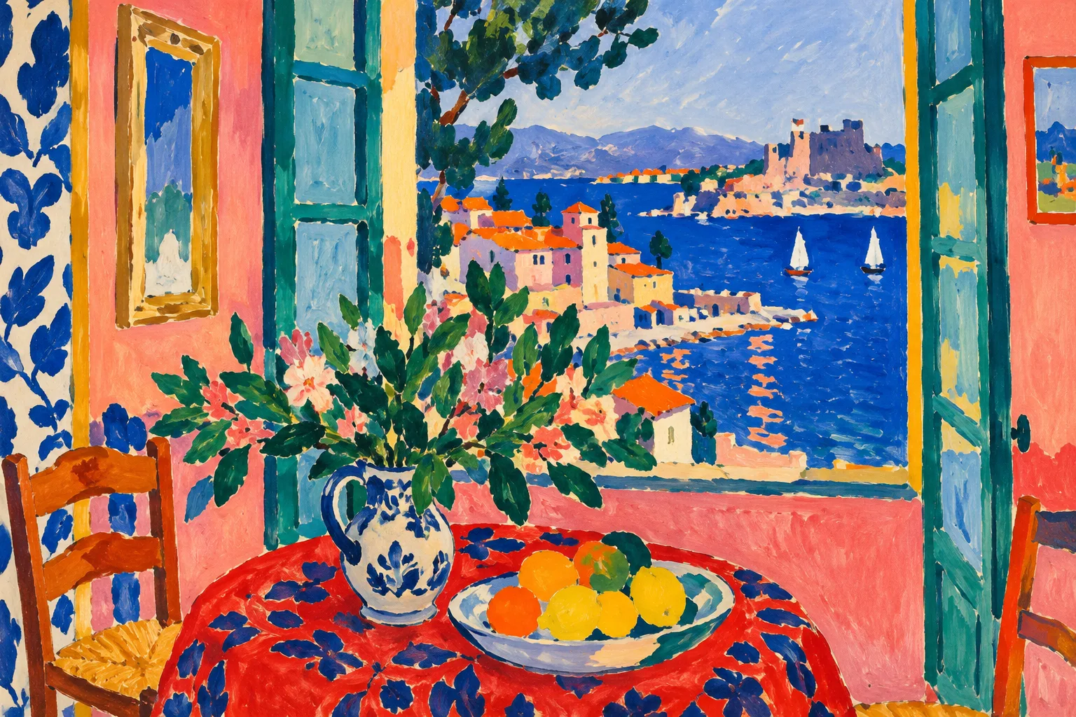 Intérieur méditerranéen peint dans le style de Matisse (visuel d’ambiance)