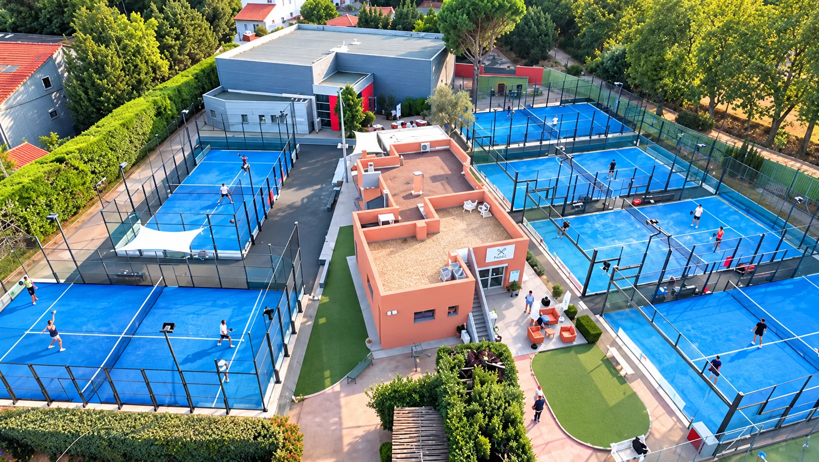 Club de padel vu du ciel : terrains bleus, joueurs et club-house