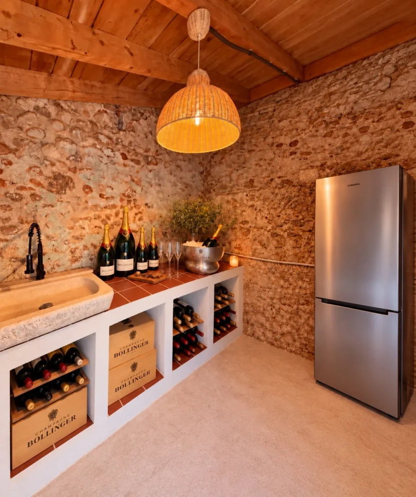 L’espace de préparation et de service, murs de pierre et cave à vin