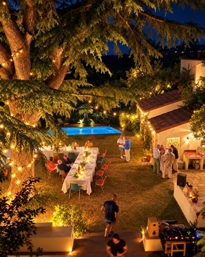 Le jardin illuminé du domaine, les tables dressées et la piscine