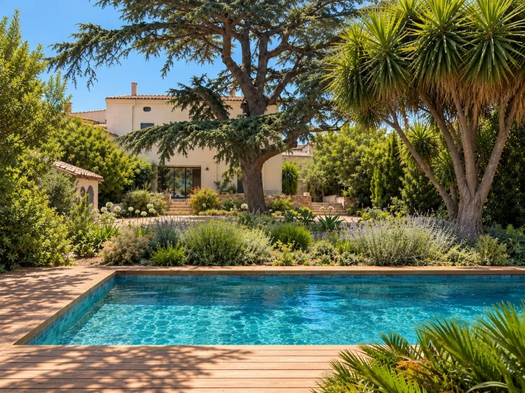 La piscine, le jardin méditerranéen et la bastide du Domaine du Mas du Cèdre