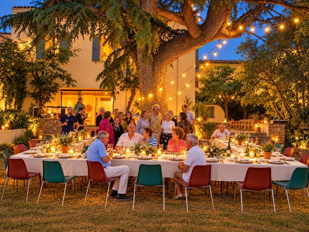 A reception beneath the hundred-year-old cedar of Le Domaine du Mas du Cèdre, at nightfall