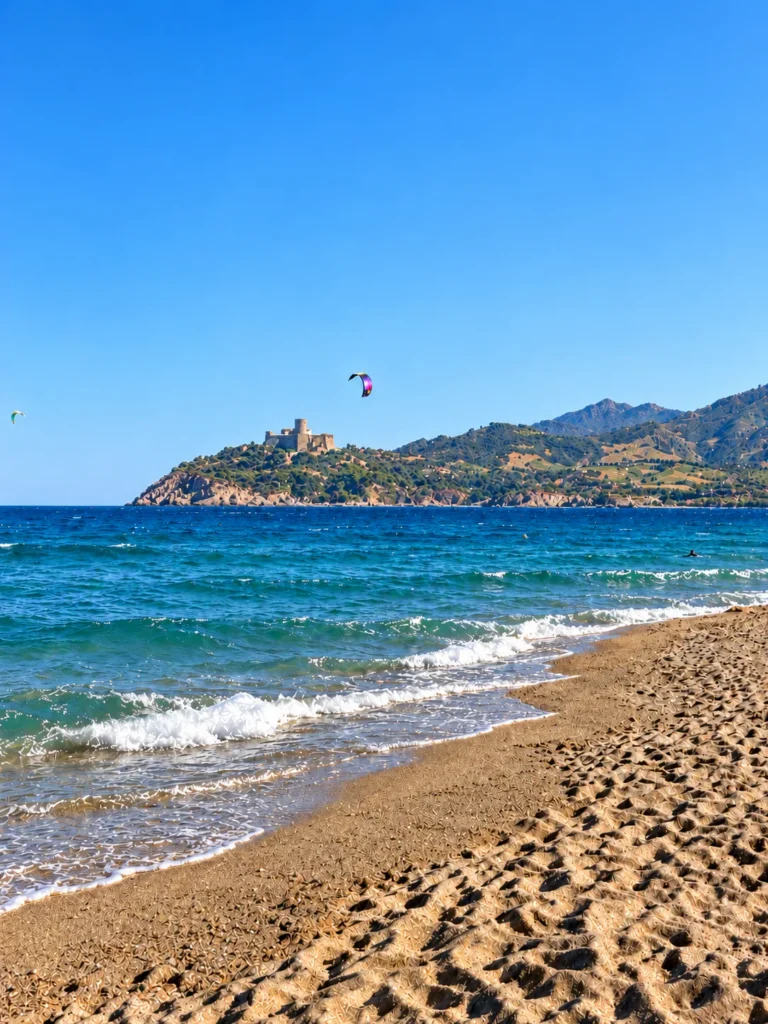 Sandy Mediterranean beach, with a castle perched on the headland and the mountains