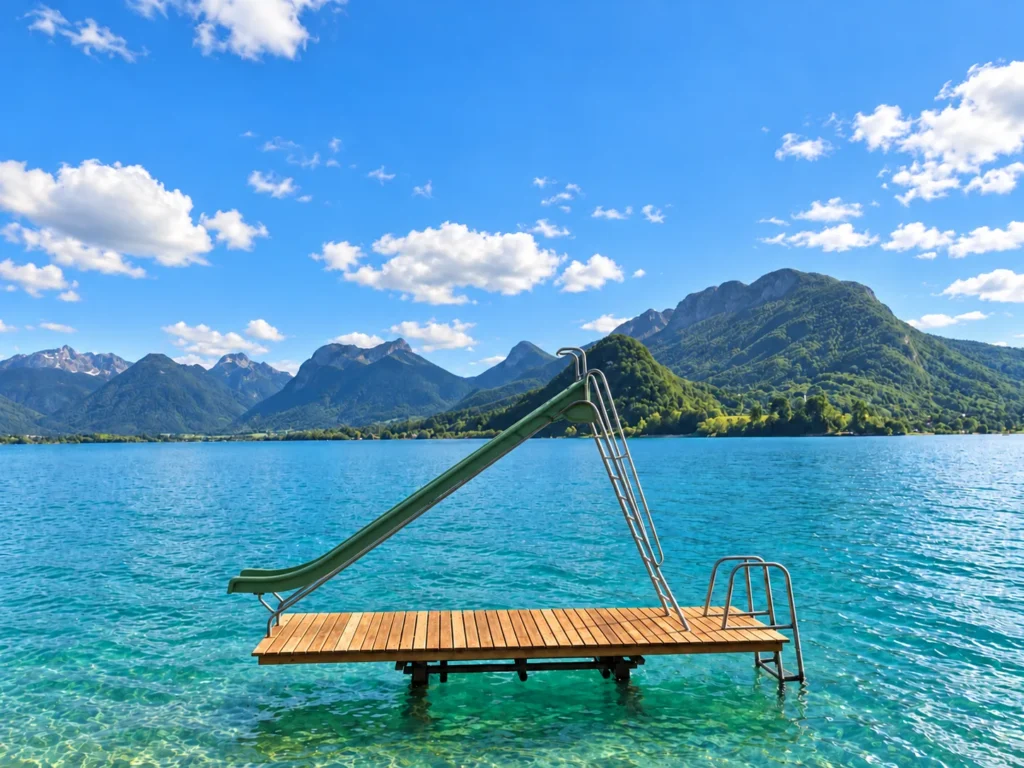 Jetty and water slide on the turquoise waters of Lake Annecy, facing the mountains